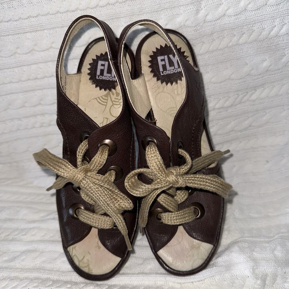 Fly London YIFA Leather Lace Up Peep Toe Rubber Wedge Sandal Boho Comfort EU 38